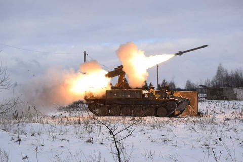 A Strela-10 anti-aircraft missile system of the Ukrainian Armed Forces fires during anti-aircraft military drills in Volyn Region, Ukraine, in this handout picture released January 26, 2022. Press Service of the Ukrainian Ground Forces Command/Handout via REUTERS ATTENTION EDITORS - THIS IMAGE HAS BEEN SUPPLIED BY A THIRD PARTY. ORG XMIT: OGI-005