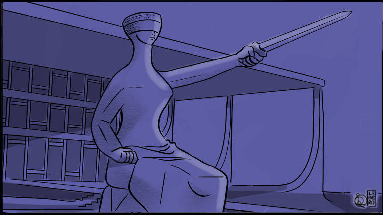 Ilustração mostra estátua da Justiça em frente ao planalto em Brasília. A ilustração é toda azul, como se fosse de noite. A estátua está cm um braço estendido segurando uma espada.