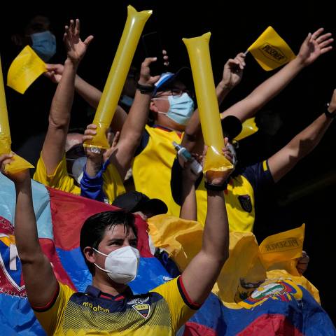 Fans of Ecuador wait on the stands before the start of the South American qualification football match for the FIFA World Cup Qatar 2022 against Venezuela at the Rodrigo Paz Delgado Stadium in Quito on November 11, 2021. (Photo by Dolores Ochoa / various sources / AFP)