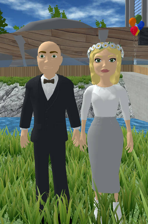 Para o casamento no metaverso, Dave e Traci Gagnon criaram avatares baseados em fotos pessoais e nas roupas que usaram na cerimônia pessoal