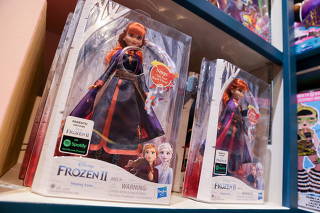FILE PHOTO: The Hasbro, Inc. logo is seen on Frozen 2 toys for sale in a store in Manhattan, New York