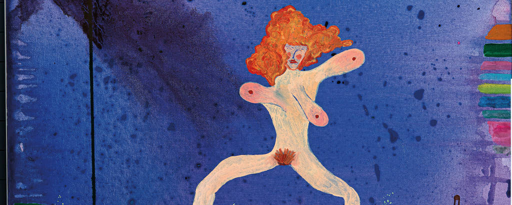 ilustração de mulher ruiva nua com três seios flutuando
