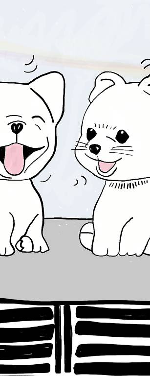 Ilustração mostra dois cachorrinhos brancos em cima de painel de carro. Os cachorrinhos estão felizes, um ri de olhos fechados e linguinha pra fora, o outro o assiste,  com a língua de fora também.