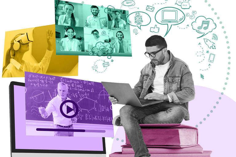Colagem em diferentes cores mostra uma composição com diferentes imagens: homem sentado vendo um computador, abaixo, uma mão segurando livros e à esquerda telas de computador 