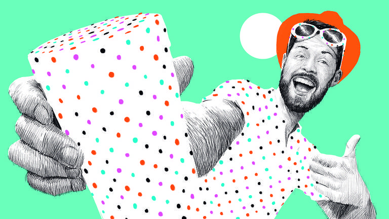 Ilustração de Adams Carvalho mostra, num fundo azul, homem com roupa branca com bolinhas coloridas segurando um objeto tubular também branco com bolinhas coloridas. Ele tem barba, está sorrindo e usa chapéu laranja e óculos escuros na testa