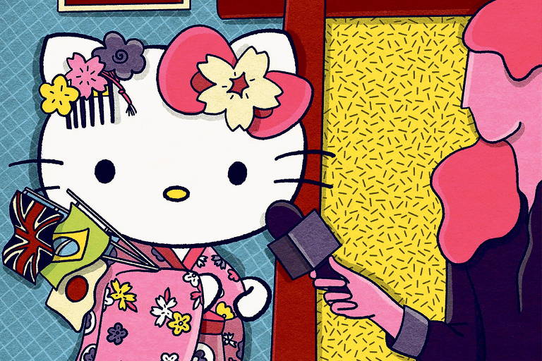 Ilustração da Hello Kitty sendo entrevistada