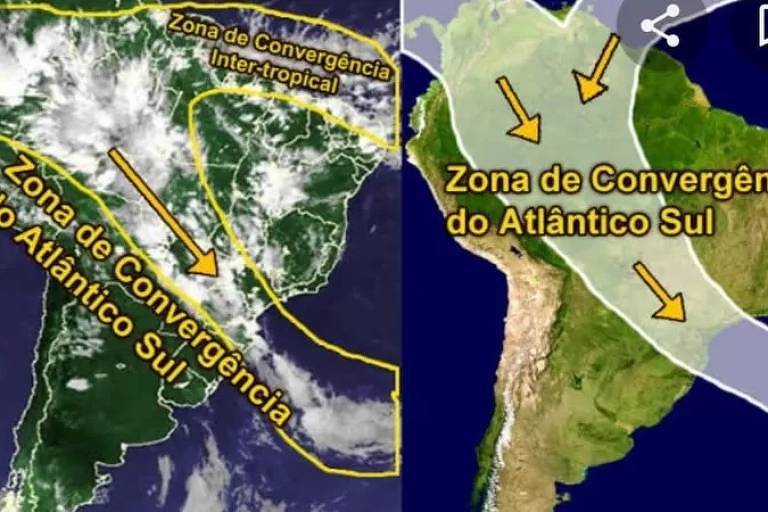 Ilustração do mapa do Brasil mostra imagem de satélite indicando com setaas a Zona de Convergência do Atlântico Sul
