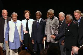 Mucian and members of the elders statesman (L-R) Musician and activist,Peter Gabriel,professor Muhammad Yunus,Former first women president of Ireland,Mary Robinson,former Secretary General of the U.N,Kofi Annan,former president of South Africa,Nelson Mande