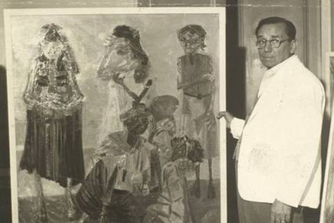 Candido Portinari ao lado de sua obra em 1958