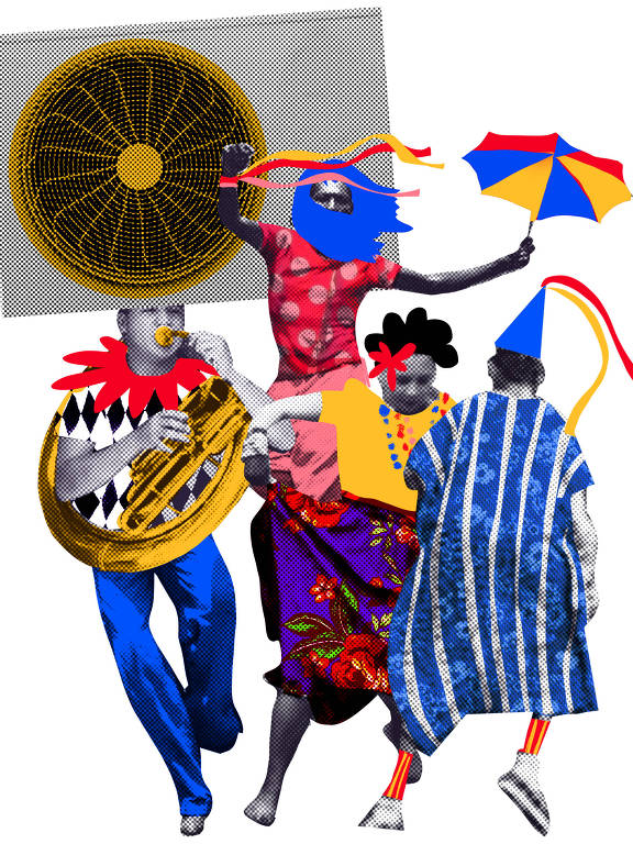lustração representando pessoas vestidas com roupas carnavalescas coloridas e dançando sendo que uma delas carrega uma tuba que tem uma ventoinha de ar-condicionado