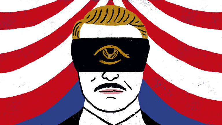 Ilustração representando um homem que tem os olhos vendados com um pano estampado com um olho dourado