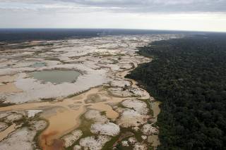 An area deforested by illegal gold mining is seen in a zone known as Mega 14, in the southern Amazon region of Madre de Dios