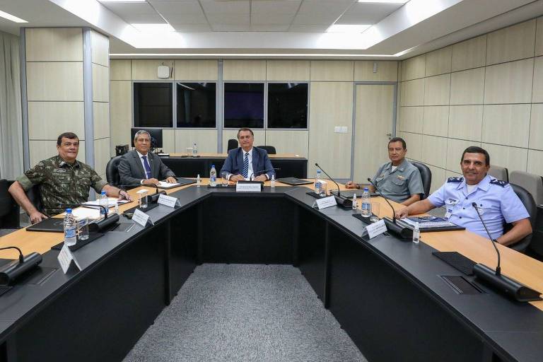 Bolsonaro sentado na ponta de uma mesa e, nas laterais, o ministro e os comandantes