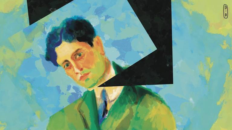 Ilustração representando um quadro de Oswald de Andrade recortado na altura do rosto do artista, que está pendido para a esquerda
