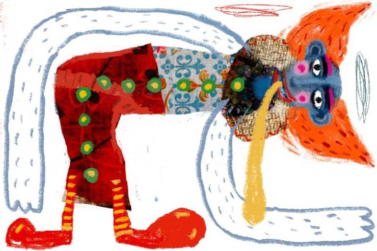 Ilustração representando um ser que lembra um palhaço, com roupas coloridas, cabelos laranja e o rosto azul