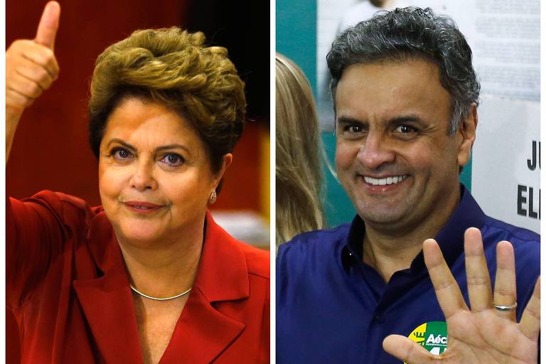 Montagem com Dilma Rousseff (PT) e Aécio Neves (PSDB), rivais na disputa à Presidência em 2014; Dilma faz sinal de positivo com a mão direita, e Aécio exibe a mão esquerda aberta