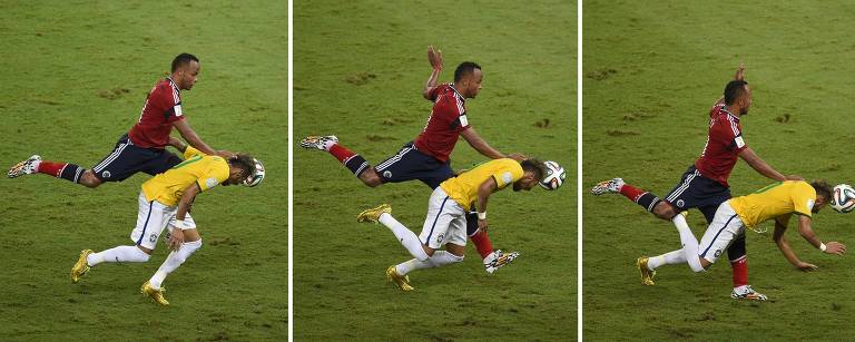 Sequência de três fotos mostra Neymar sendo atingido nas costas pelo colombiano Zúñiga em partida da Copa do Mundo de 2014, no Brasil