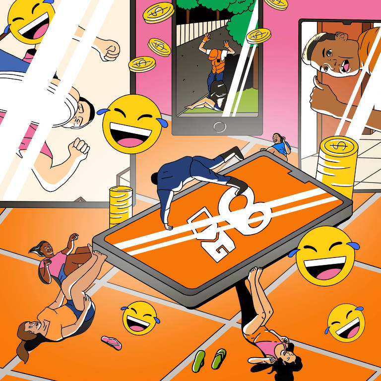 Ilustração mostra diversos celulares com cenas do Kwai, ao redor deles moedas e emojis de risada.