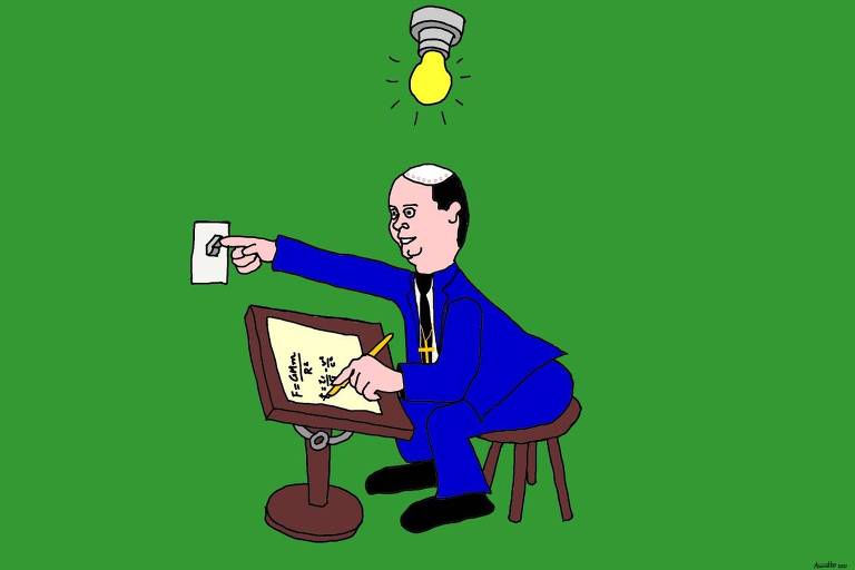 Desenho de um homem vestido de azul escrevendo uma fórmula matemática enquanto mexe no interruptor de luz