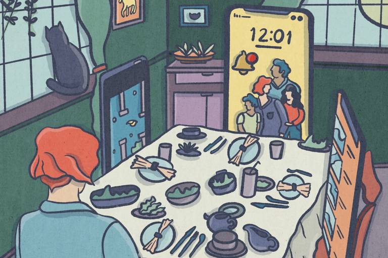 Ilustração colorida mostra pessoa sentada à mesa para o jantar, de costas. Sentados ao seu lado, ao redor da mesa, estão smartphones. 