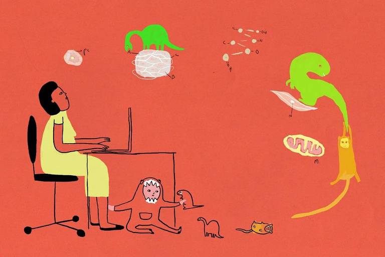 Arte ilustra uma mulher sentada em frente ao computador tentando trabalhar. Ela olha para cima. Um bebê embaixo da mesa segura sua perna. AO seu redor, há imagens que remetem à pesquisa científica, como dinossauros sobre organelas celulares.