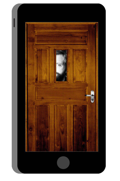 ilustração representando a tela de um smartphone na qual se pode ver uma porta com uma fresta por onde o rosto de Gregorio Duviver se mostra