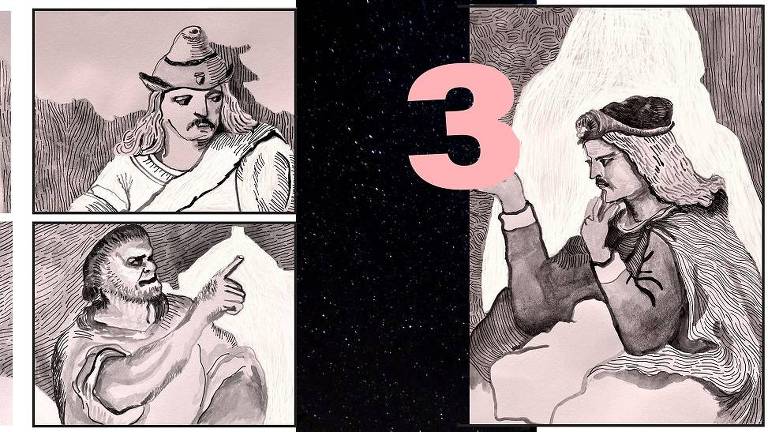 Arte ilustra, em uma estética de quadrinhos, matemáticos antigos com expressões indagadoras; à direita, Hamlet faz a expressão do questionamento "ser ou não ser", mas sobre a mão dele, em vez da caveira há um número "3" na cor rosa.