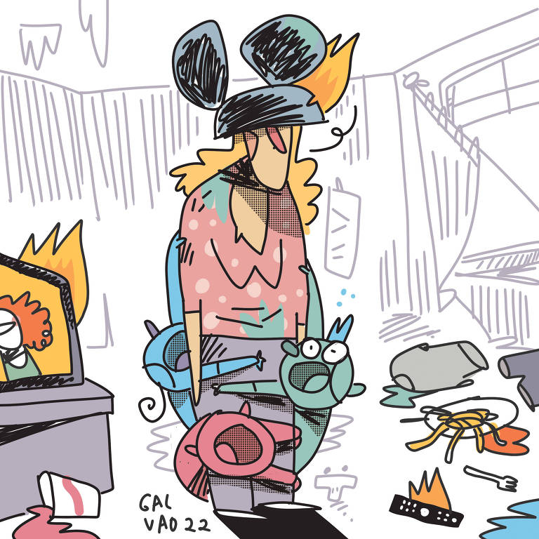Ilustração representando uma mulher com um capacete do Mickey Mouse, numa sala de estar caótica, tendo crianças penduradas em seu corpo