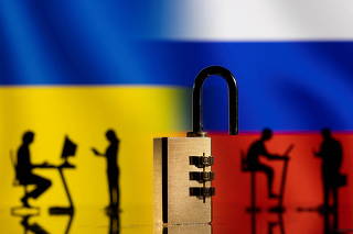 FILE PHOTO: Illustration shows Ukrainian's and Russian's flag