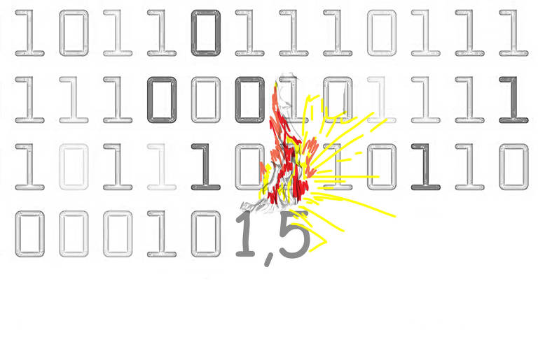 Ilustração representando uma sequência de números zero e um, tendo no meio o desenho de uma espécie de fagulha