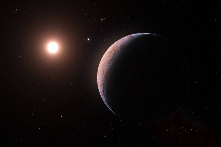 Imagem mostra arte conceitual do planeta Proxima b orbitando a estrela anã vermelha Proxima Centauri