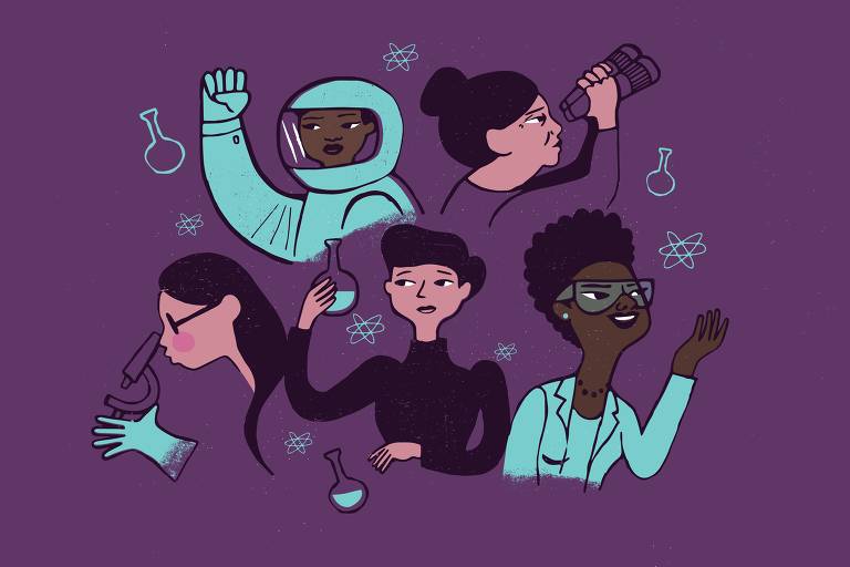 ilustração com fundo roxo contendo mulheres em atuação como astronauta, cientista, química
