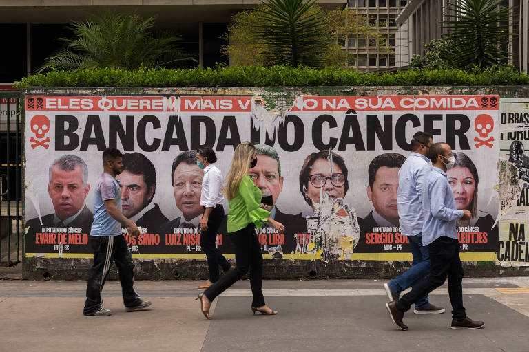 Cartazes em São Paulo com imagens de deputados que apoiam o chamado PL do veneno, que facilita registro de agrotóxicos no Brasil; intervenção na avenida Paulista próximo a rua Augusta
