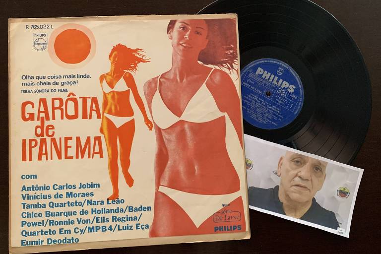 Capa e disco do filme Garota de Ipanema, com imagem solarizada de Marcia Rodrigues, e foto do vigarista Roberto Vivaldi