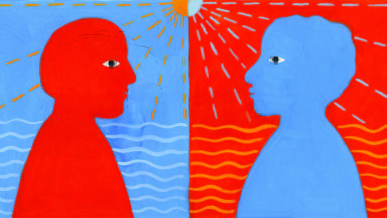 Ilustração representando duas formas humanas de perfil, uma contra a outra, de cores diferentes