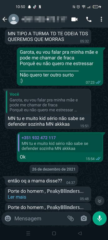Mensagens recebidas por estudante brasileira alvo de bullying em escola de Portugal"