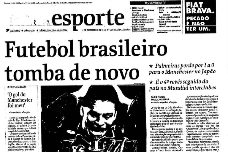 Folha de 1º de dezembro de 1999 registra derrota do Palmeiras para o Manchester United no Torneio Intercontinental