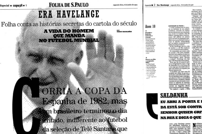 Primeira página do caderno especial da Folha com a foto do então presidente da Fifa, João Havelange