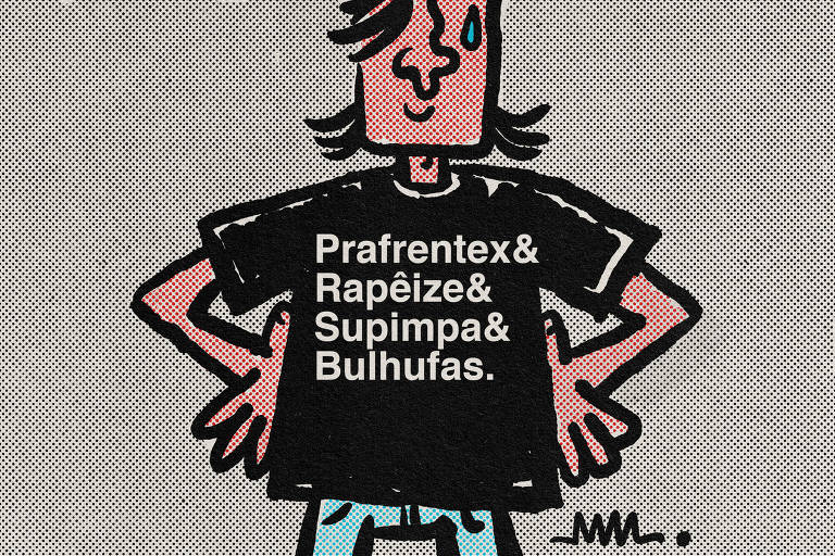 Ilustração de um homem com cabelos pretos na altura dos ombros e uma lágrima escorrendo no rosto. Ele veste uma camiseta preta, na qual está escrito: Prafrentex & Rapêize & Supimpa & Bulhufas.