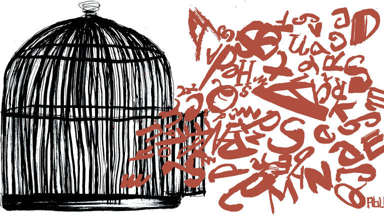 Ilustração representando uma gaiola da qual saem várias letras