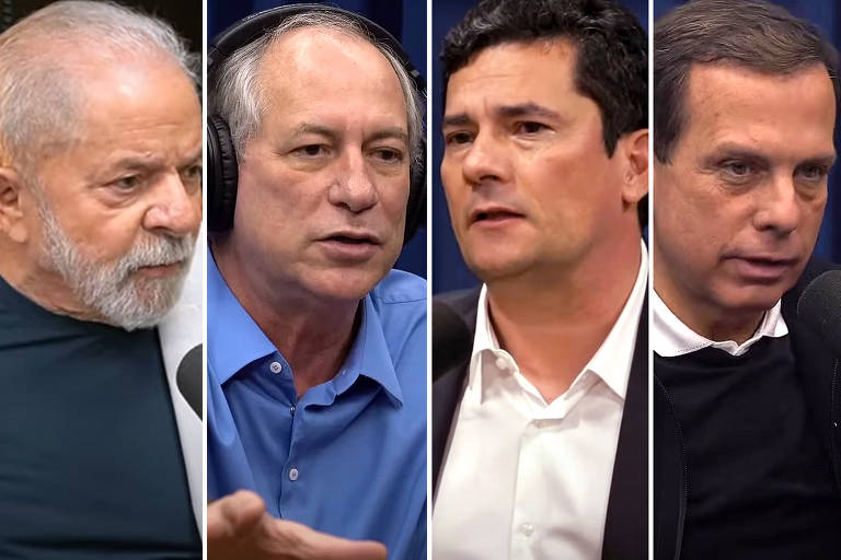 Lula, Ciro Gomes, Sergio Moro e Joao Doria durante entrevistas em podcasts.