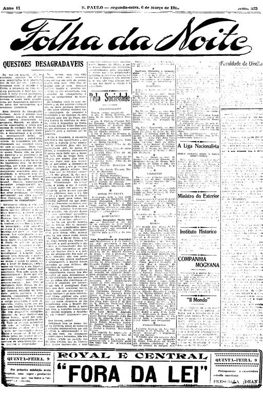 Primeira Página da Folha da Noite de 6 de março de 1922