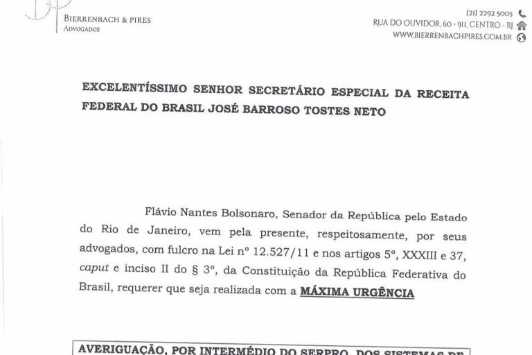 Primeira página da petição assinada pelos advogados de Flávio Bolsonaro requerendo, em 25 de agosto de 2020, as investigação; intenção do senador era ter elementos para invalidar o caso das rachadinhas