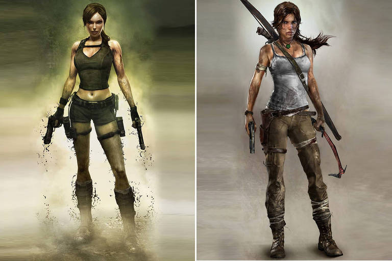 Comparação da personagem Lara Croft no game "Tomb Raider Underworld", de 2008, e no reboot "Tomb Raider", de 2013