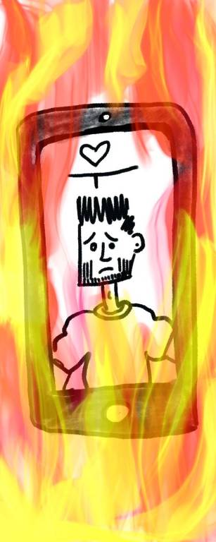 Ilustração representando um rapaz na tela de smartphone em chamas