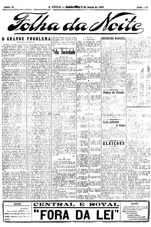 Primeira Página da Folha da Noite de 9 de março de 1922