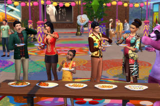 A group of Sims sampling dishes at festival. (Electronic Arts via The New York Times)