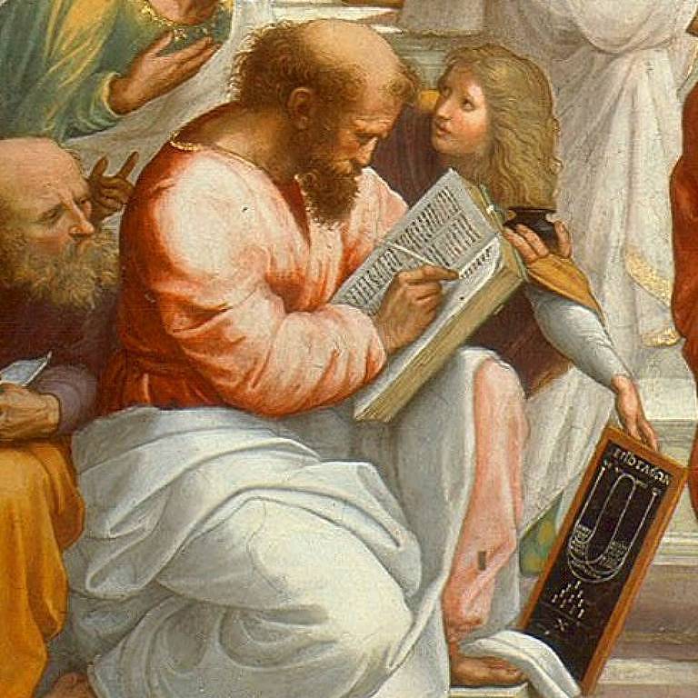Pintura de Pitágoras escrevendo em livro