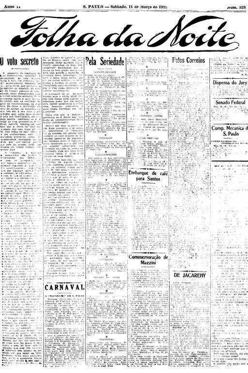 Primeira Página da Folha da Noite de 11 de março de 1922