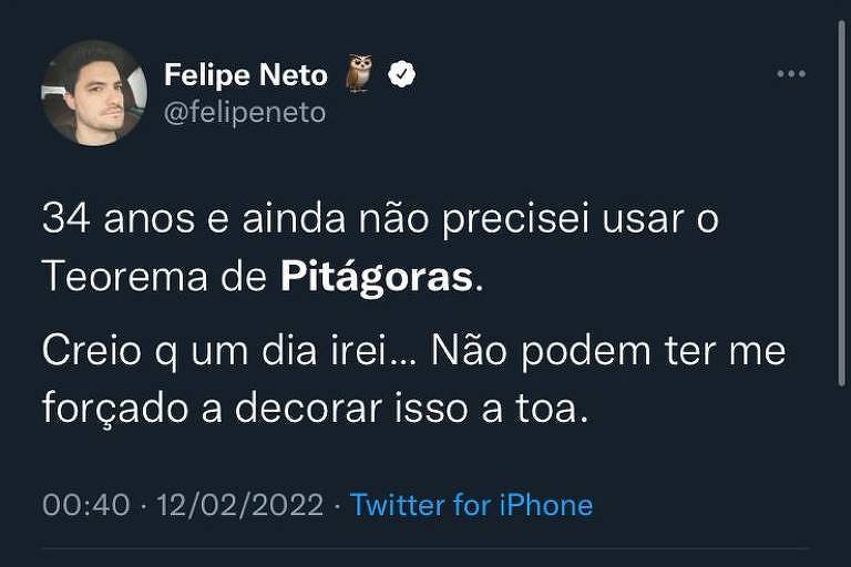 Página do tweet de Felipe Neto sobre o teorema de Pitágoras